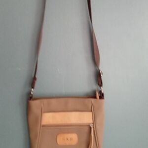 SAB crossbody bag tan canvas leather trim adjustable strap zip pocket
